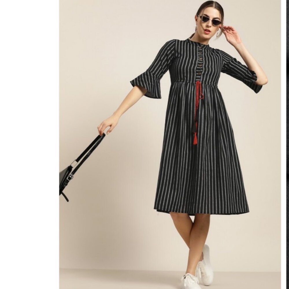 Shae Black Striped A-Line Midi dress